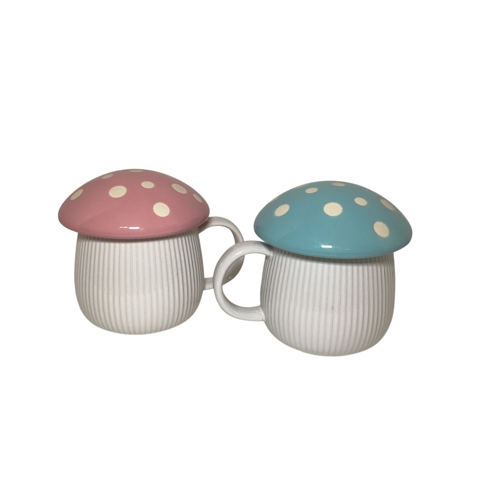 World Market Mushroom Mugs Set of 2 Pink Blue Polka Dot 10oz Ceramic Toadstool